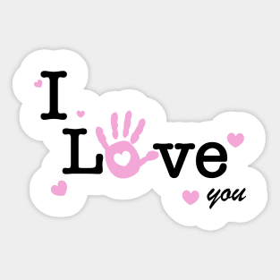 I love you text. Baby hand print with heart Sticker